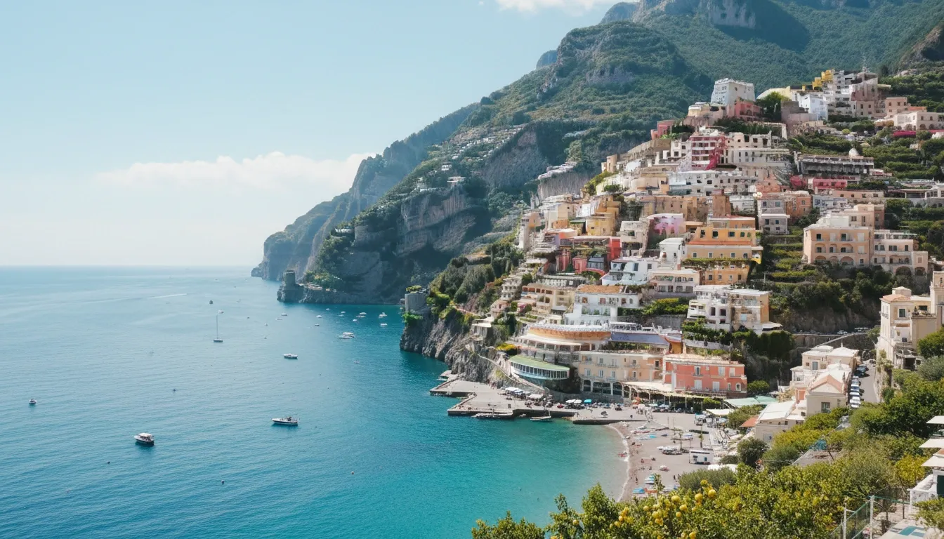 Dramatic Amalfi Coast cliffside with pastel villages cascading to the turquoise Mediterranean