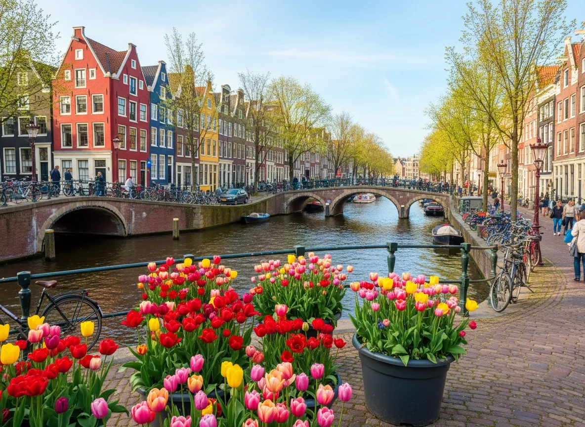 Amsterdam canals with colorful historic houses