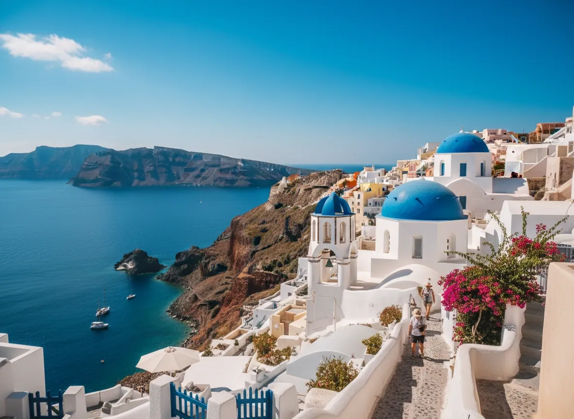 Santorini white-washed buildings and blue domes