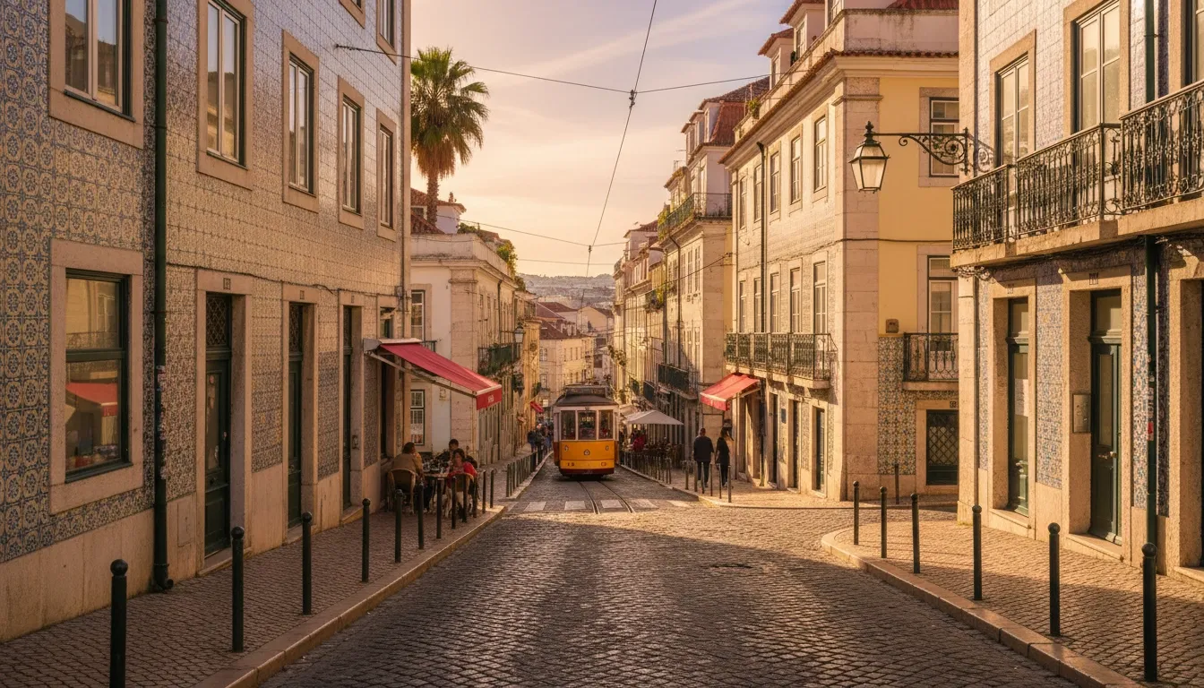 Sunlit cobblestone streets of Lisbon with colourful tiled facades and a yellow tram